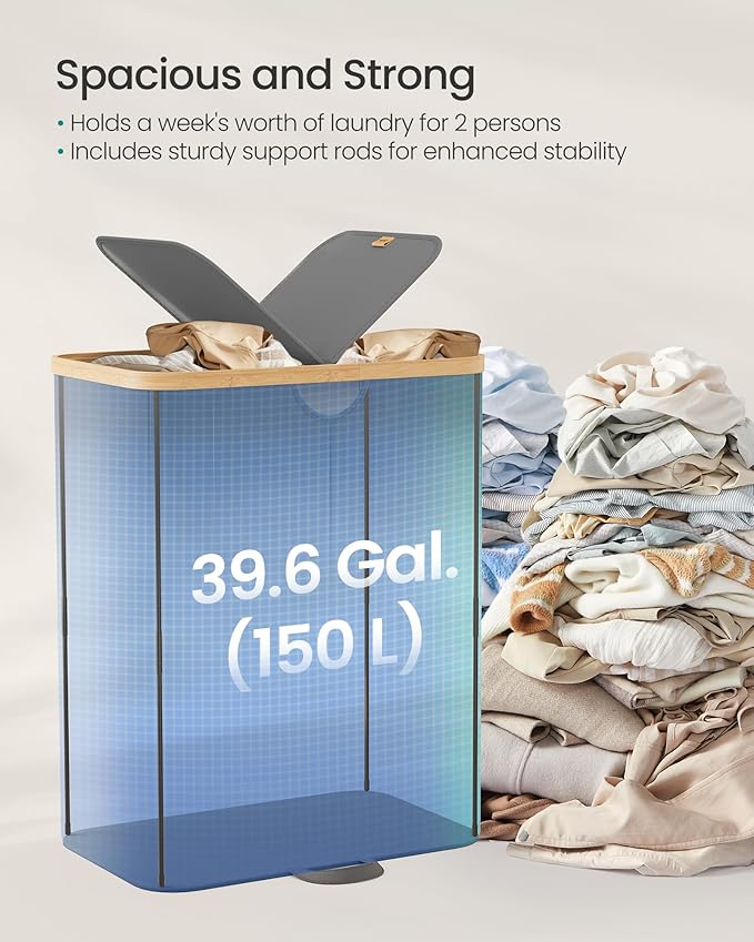 SONGMICS Laundry Hamper with Lids, Laundry Basket with 2 Compartments, 39 Gal. (150 L), Removable Liner Bag, for Laundry Room, Bedroom, Living Room, Slate Gray and Light Bamboo ULCB523G01