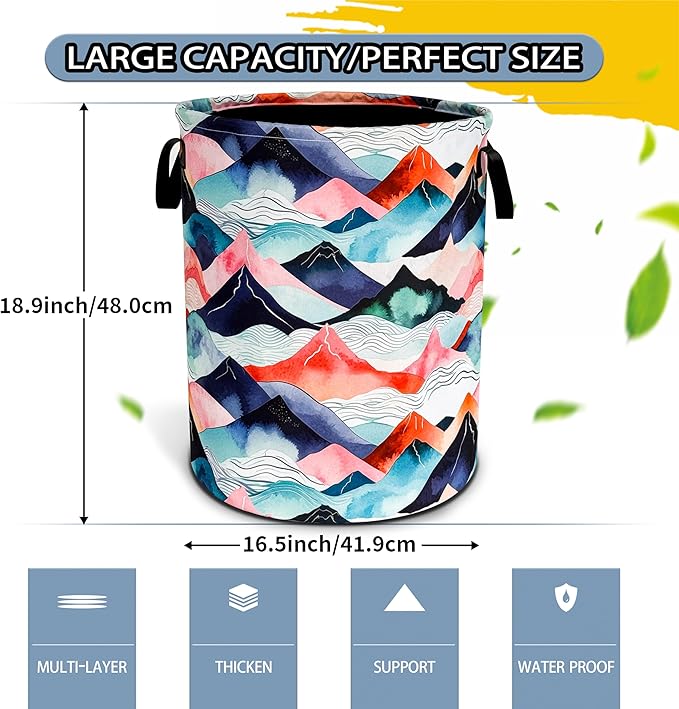 Mountains Waves Laundry Basket Colored Mountain Foldable Oxford Cloth Funny Tote Bag Laundry Hamper Clothes Storage Bucket Toy Organizer For Bathroom/Laundry Storage/Bedroom 18.9x16.5 In