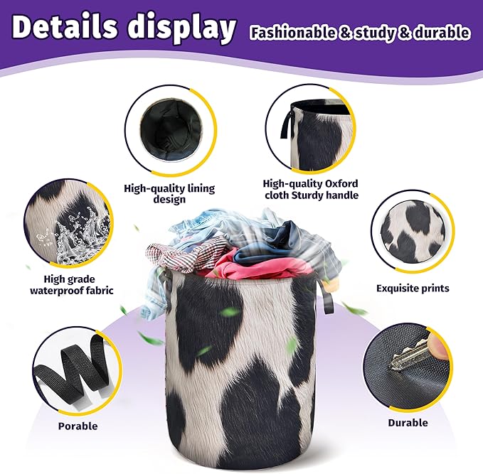 Fashion Cowhide Pattern Laundry Basket Foldable Oxford Cloth With Handle Portable Colorful Storage Basket Organizer Suitable For Laundry Room/Bedroom/Children'S Room (18.9 X 16.5 Inch)