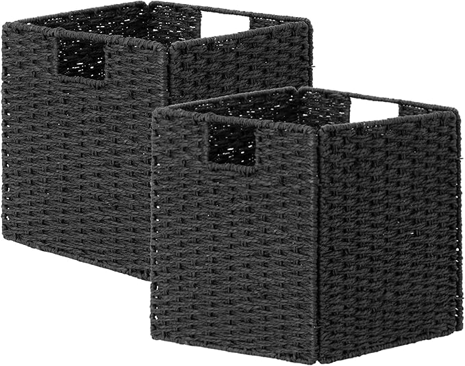 StorageWorks 11 inch Wicker Baskets, Handwoven Storage Cubes with Handles, Foldable Paper Rope Basket for Organizing, Black, 2 Pack