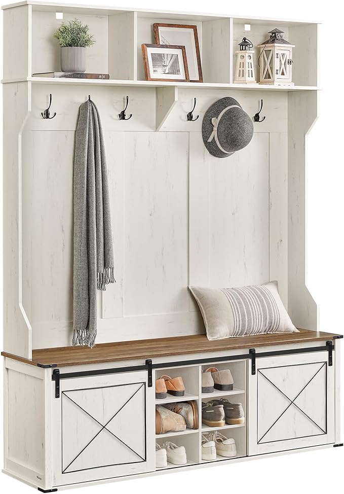VASAGLE Hall Tree with Bench and Shoe Storage, Coat Rack with Shoe Bench, Entryway Furniture, 6 Tri-Hooks, Sliding Door, Farmhouse Style, Space Saving, Rustic White and Honey Brown UHSR443W01