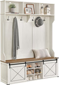 VASAGLE Hall Tree with Bench and Shoe Storage, Coat Rack with Shoe Bench, Entryway Furniture, 6 Tri-Hooks, Sliding Door, Farmhouse Style, Space Saving, Rustic White and Honey Brown UHSR443W01