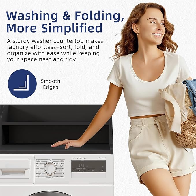 2 Tiers Washer Dryer Countertop, 54" Width x 27.5" Depth Laundry Countertop Organization, Wooden Washer and Dryer Topper for Folding, Sorting & Ironing, Easy to Install, Black