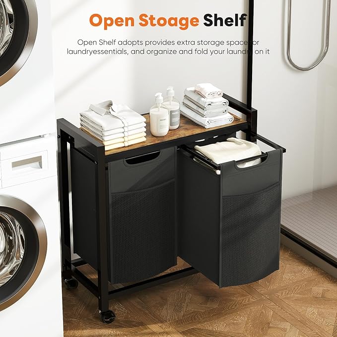 NEWBULIG Rolling Laundry Hamper with Removable Pull-Out Bag, Freestanding Clothes Basket Organizer with Wheels for Bathroom & Bedroom, 2 × 13.1 Gal (99L) - Rustic Brown & Black