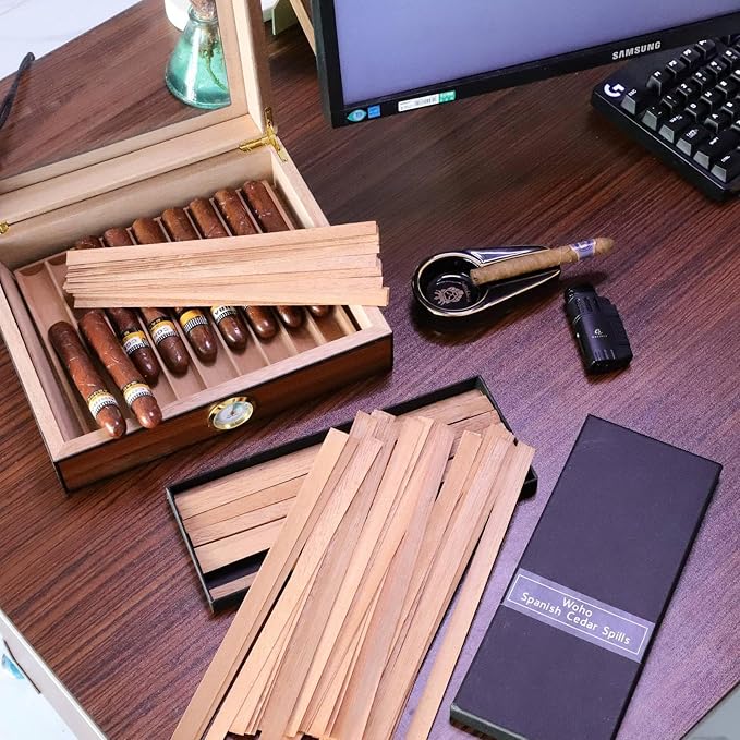 Woho 120 Packs Upgrade Spanish Cedar Wood Spills Strips Sticks for Cigar Lighting, Spanish Cedar Lighter for Cigar Humidor/Tray/Box/Case, Cigar Matches for Cigar Storage/Aging (Double Thickness 0.02")