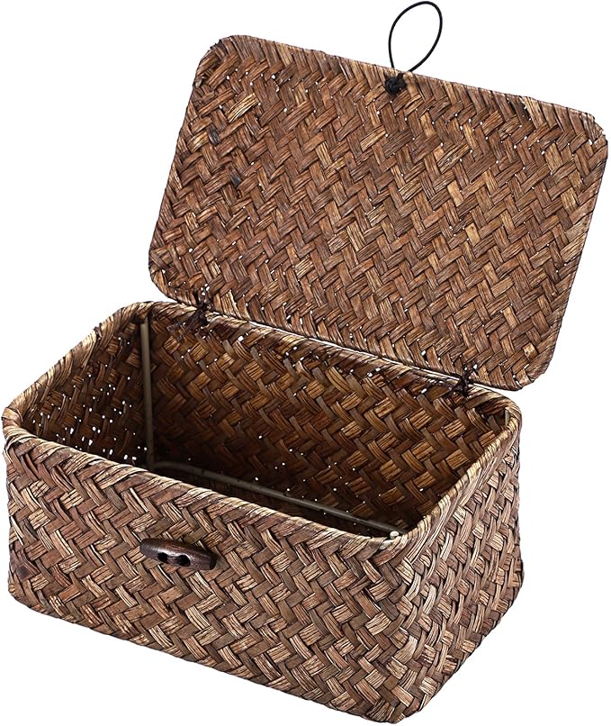 Handwoven Seagrass Basket Wicker Shelf Basket with Lid Rectangular Multipurpose Desktop Organizer Bin for Key Remote Control, Small,7.0" x 4.3" x 3.3"