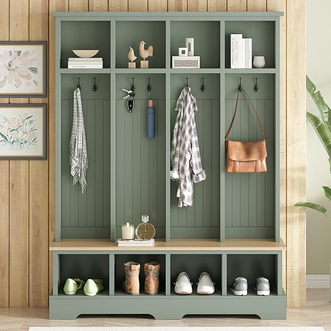 Farmhouse 59" Wide Hall Tree with 8 Hanging Hooks, Wood Grain Bench with Open Compartments, 76.7" H Entryway Shoe Rack Coat Hanger for Living Room Mudroom Hallway (Green-8.26)