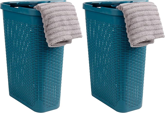 Mind Reader 40L Slim Laundry Hamper, Clothes Basket, Lid, Wicker Design, Plastic, 18"L x 10.4"W x 23.5"H, Set of 2, Blue