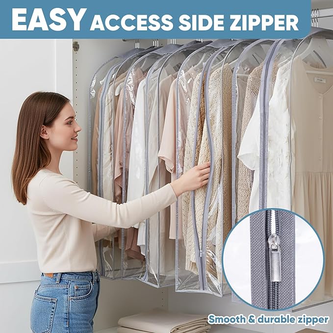 BALEINE 40'' Clear Garment Bags, 10.5'' Wide PEVA Suit Bag for Closet Clothes Dresses Suit Coats Storage (Clear, 6PK)