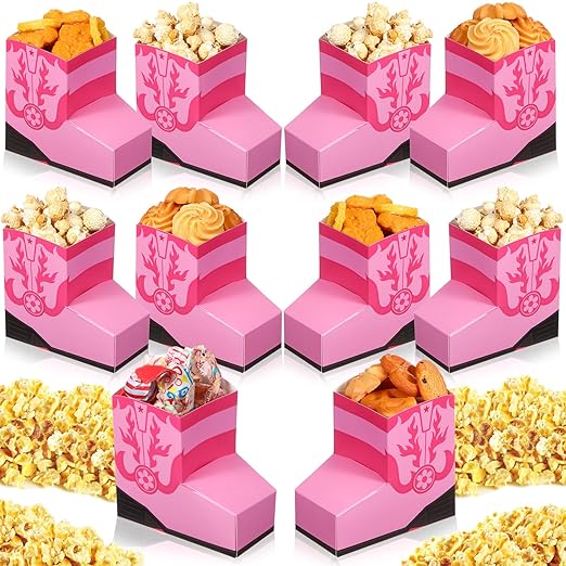 24 Pcs Cowboy Boots Paper Boxes Western Theme Party Decorations Favors Wild West Popcorn Boxes Boot Shape Bag for Cowboy Birthday Bachelorette Baby Shower Party Supplies(Pink)