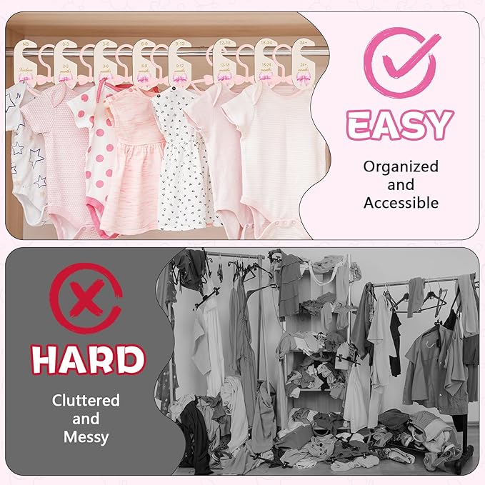 20 Pack Baby Clothes Hangers with 8Pcs Baby Closet Dividers and 8Pcs Clips, Non-Slip Toddler Clothing Hanger with Dividers for Sorting, Nursery Closet Organizer for Newborn Kids Boys Girls (Pink Bow)
