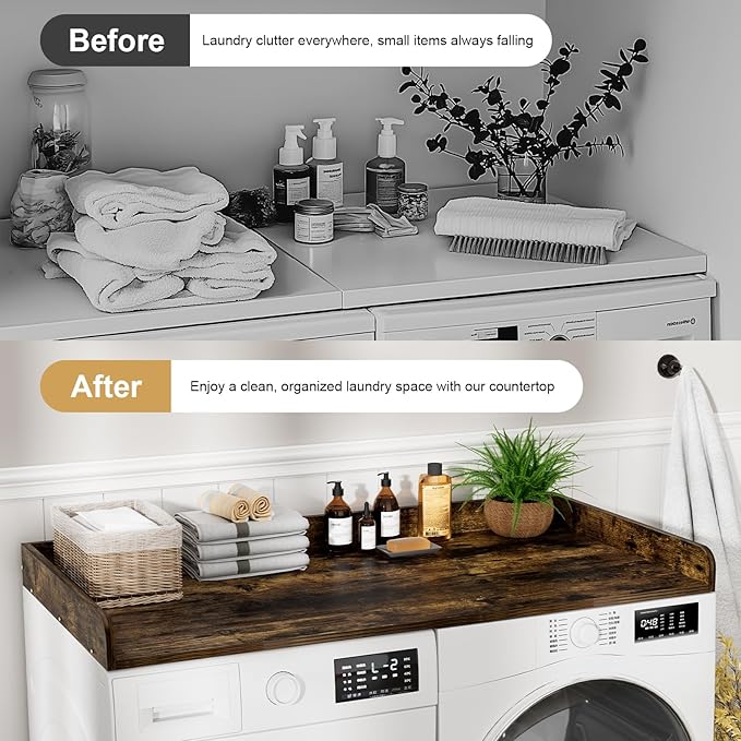 Washer Dryer Countertop, 27.5 x 54 Inch Washer and Dryer Countertop for Laundry Room Organization with Edge Wooden, Brown