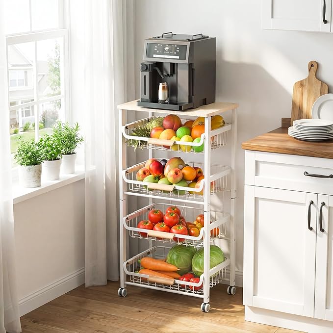 JAQ Fruit Basket for Kitchen, 5-Tier Slide Out Storage Baskets Carts Organizers Drawers with Wood Top Table with Rolling Wheels for Snacks Vegetables Vianderos para Cocina Modernos (White, 5 Layer)