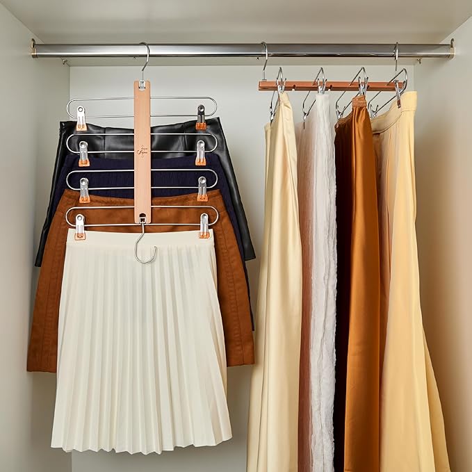 HANGSAGE Skirts Hangers, 2-Pack Space-Saving Beechwood & Metal Skirt Holder, 4 Tiers, 360° Swivel Hook & Adjustable Multi-Clip Design, Elegant Closet & Wardrobe Organizer