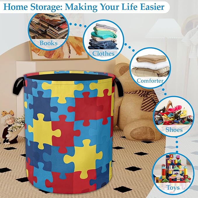 Colorful Puzzle Laundry Basket Collapsible Laundry Hamper Oxford Clothes Toy Storage Bin for Bathroom Bedroom Room Decor 16 X 20.8 Inch