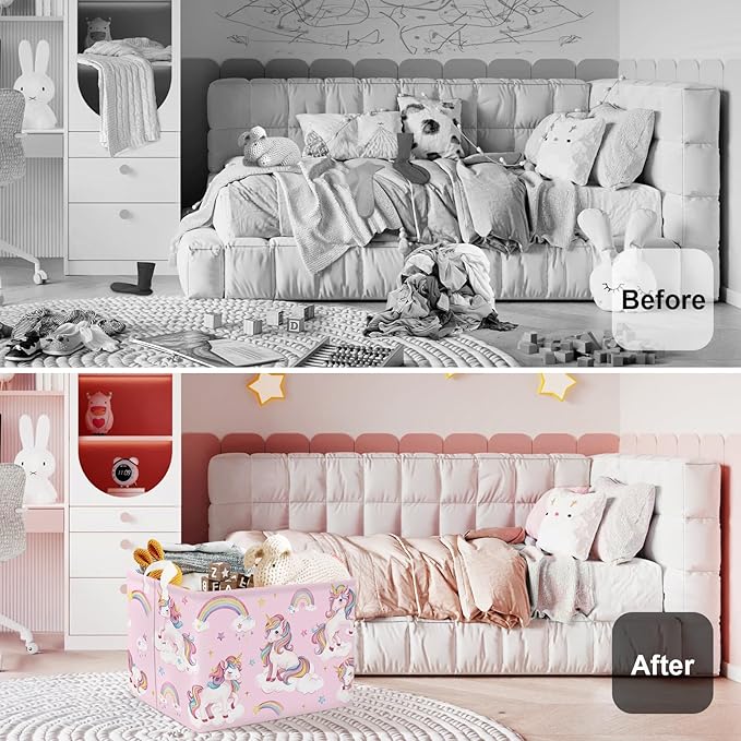 Unicorn Laundry Hamper Large Storage Basket Rainbow Clouds Collapsible Parents Organizer Kids Toy Clothes Bins for Bedroom, Bathroom, Stars, 36L