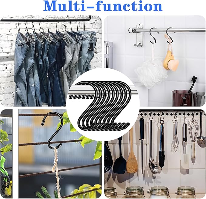 4 Inch 12 Pack Heavy Duty Vinyl Coated S Hooks Non-Slip & Scratch-Proof Black Hanging Hooks for Plants Kitchen Utensils Pots Pans Clothes & Bags Ideal for Closet, Garage & Garden Organization