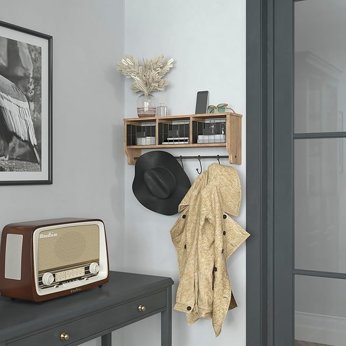 Flash Furniture Daly Wall Mounted Storage Rack - Rustic Brown Solid Pine Wood - 24 Inch - Upper Shelf - 5 Hooks - Wire Baskets - For Entryway, Kitchen, Bathroom