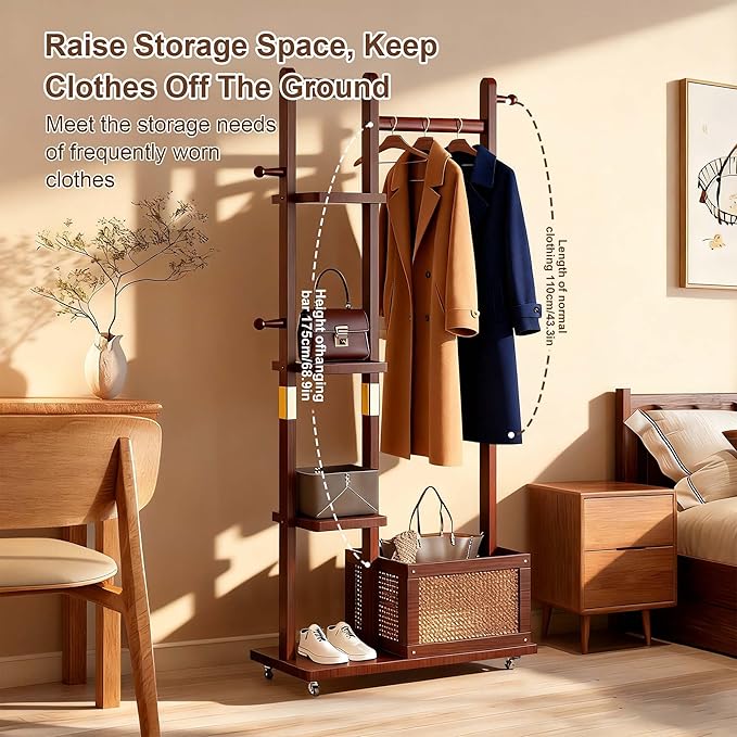 Solid Wood Clothes Rack with Wheels, Freestanding Coat Rack with 4 Shelves, 4 Side Hooks & Storage Basket, 4-IN-1 Clothing Rack Heavy Duty Clothes Hanger Stand for Clothes Garment Wallets Hats