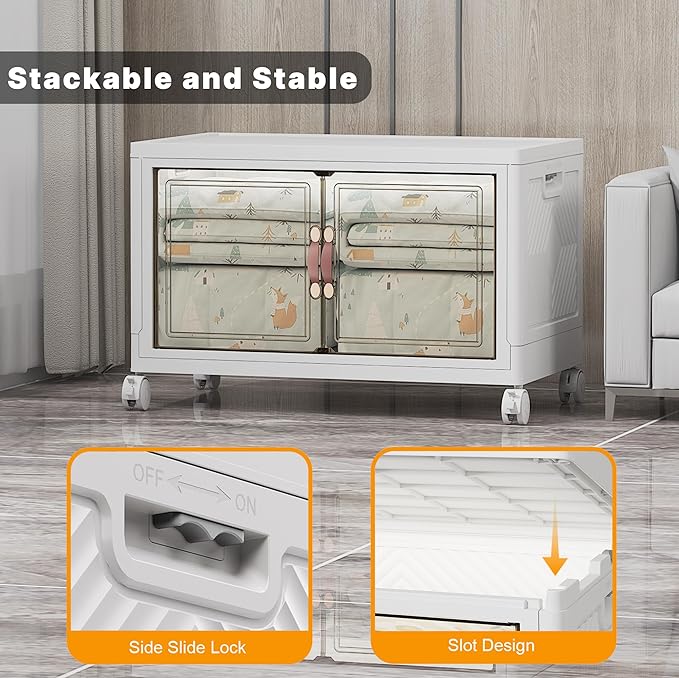 Extra Large Stackable Storage Bins, Lockable Storage Bins with Lids, Folding Storage box with Doors and Wheels, Collapsible Plastic Drawers for Home, Garage, Office (1, White, Extra Large)