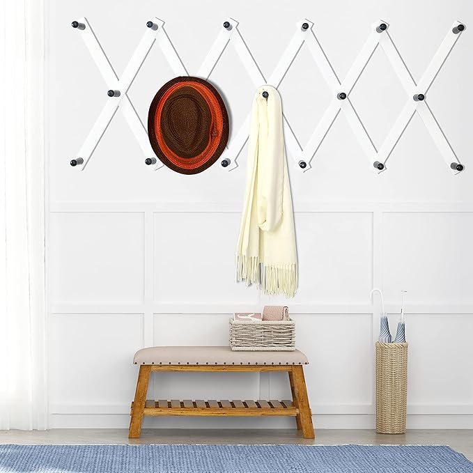 Dseap Accordian Wall Hanger: 16” High Wooden Wall Expandable Coat Rack, Hat Rack Holder, Accordion Hook for Baseball Caps, Coats, Mugs,17 Peg Hooks, White & Black