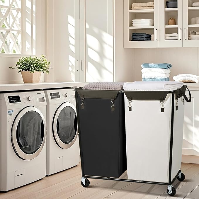 390L Laundry Hamper Sorter with Wheels, Extra Large Laundry Basket Heavy-Duty Rolling Cart with Removable Bags, Laundry Cart for Hotel and Home, Beige and Black, 2-Section
