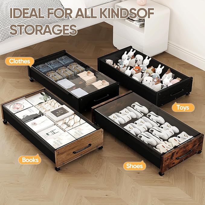 KITHELP Wooden Under Bed Storage with Wheels, Rolling Under the Bed Storage Bins with Removable Lid, Metal Under Bed Drawers for Clothes and Shoes in Bedroom or Living Room(Black Wood-2pack)