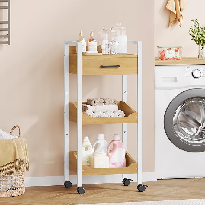 Hoctieon 3-Tier Rolling Storage Cart with Drawer, Rolling Utility Cart Organizer, Mobile Shelving Unit with Wheels, Metal Frame, Kitchen Utility Cart for Small Space, Office, Bathroom, Oak Beige