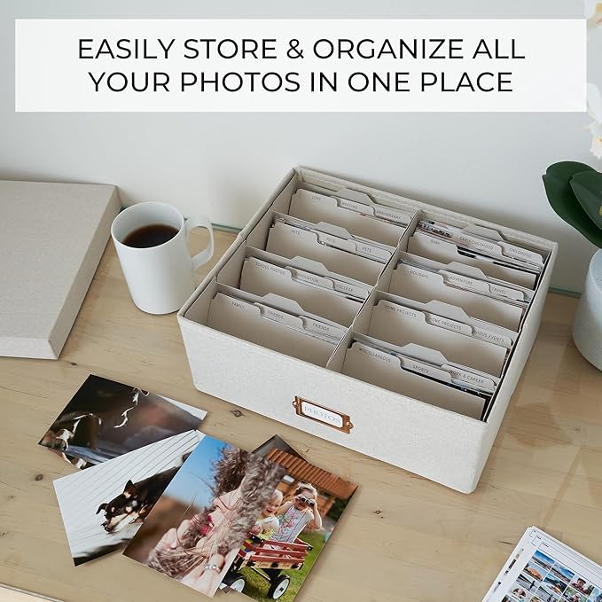 ZICOTO Decorative Photo Storage Box - Sturdy Linen Photo Organizer with Dividers is Perfect to Store Up to 1700 Pictures and 4x6 Photos - Portable Scrapbook Storage Containers with Lid