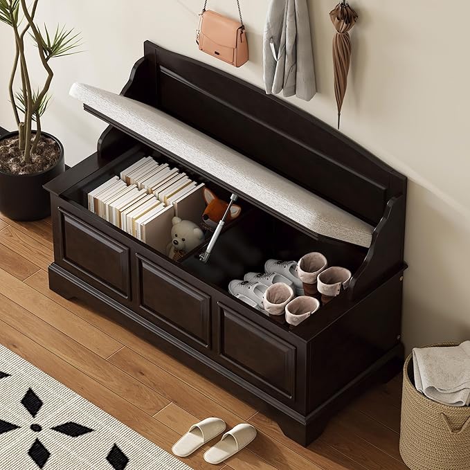 LUMISOL Shoe Storage Bench with Cushion, Farmhouse Entryway Bench with Soft-Close Devices and Hidden Storage, Upholstered Storage Ottoman for Living Room, Entryway, Bedroom, Espresso