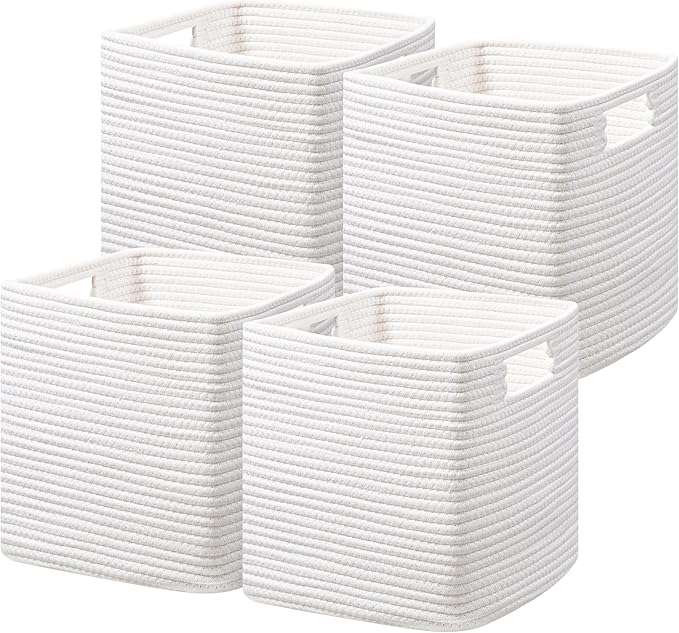UBBCARE Storage Cubes 11 Inch, Cotton Rope Woven Baskets for Organizing, Cube Storage Bin for Baby Nursery, 4-Pack Square Toy Storage Baskets for Shleves Organizer, Closet, Kidsroom, White