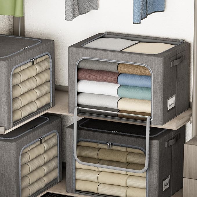 4 Pack Clothes Storage Bins with Metal Frame - 22L Stackable Storage Box with Lid，Foldable Storage Container Organizer for Clothes，Linen Fabric Storage Box with Clear Window＆Zippers＆Handles