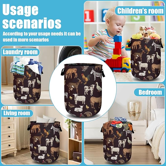 Cute Farm Animals Laundry Basket, Laundry Hamper Collapsible Oxford Cloth with Handle Clothes Toy Storage Bin for Bathroom Laundry Room Bedroom 15.7 X 20 Inch