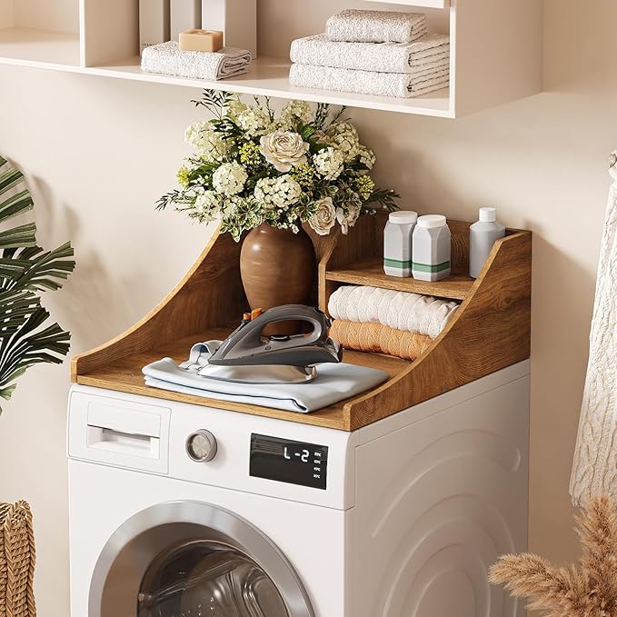 27'' Washer Dryer Countertop with Shelf, 2-Tier Laundry Countertop for Single Wood Washer and Dryer Topper for Laundry Room Organization, Brown