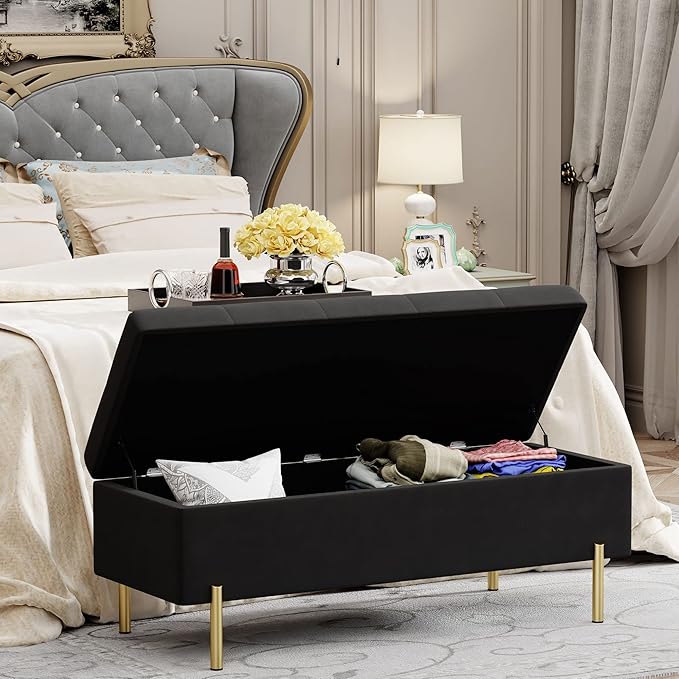 Andeworld Velvet Storage Bench, Modern Bedroom Bench, Upholstered Tufted Large Settee Ottoman with Storage Bench for Bedroom,Living Room,Entryway,Black