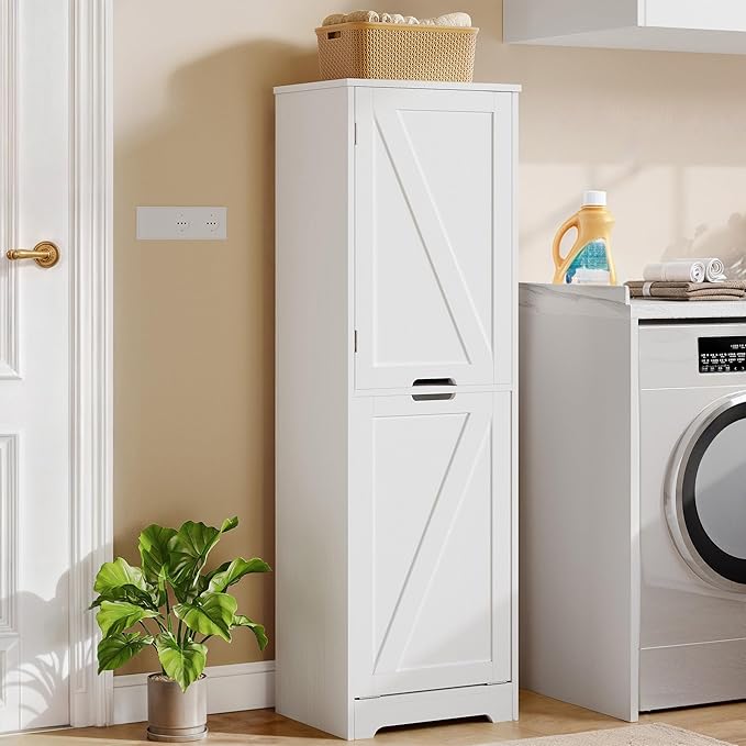 DWVO Tilt Out Laundry Hamper - 53" Tall Bathroom Storage Cabinet Laundry Cabinet with Adjustable Shelves and Clothes Basket, Hamper Cabinet Shelf for Laundry Room Bathroom Organizer, White