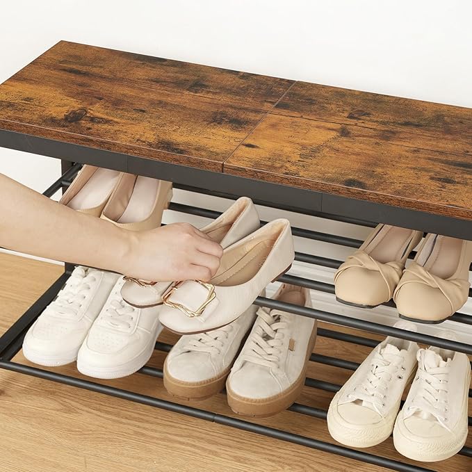 HOOBRO Shoe Storage Bench, 29.5" L Entryway Bench Organizer, 3-Tier Shoe Rack for Closet, Shoe Shelf with Wooden Top Seat, Loads 300 lb, Space-Saving, Rustic Brown and Black BF76HX01