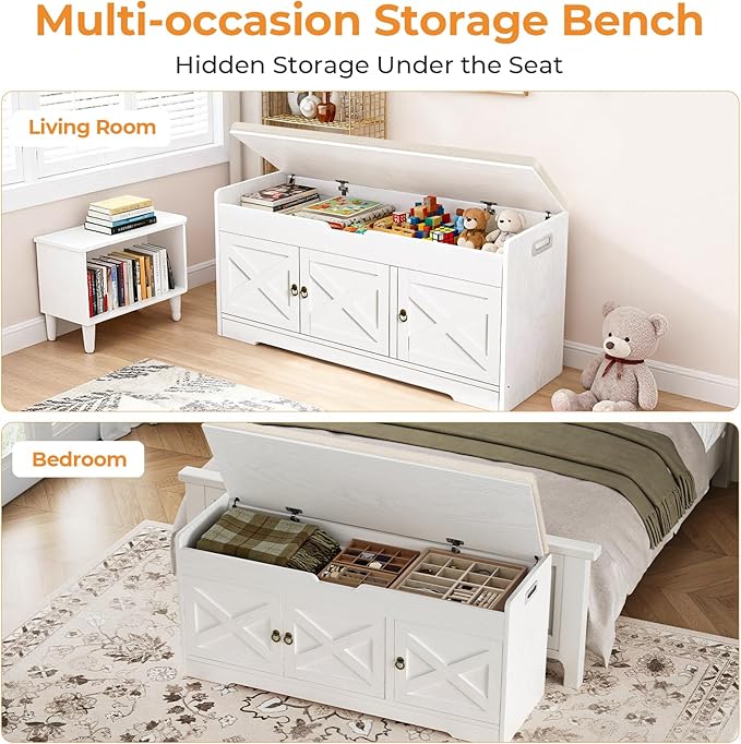 Farmhouse Shoe Storage Bench, Entryway Bench with Cushion Seat, Lift Top Storage, Adjustable Shelf, 3 Doors, 330 lbs Capacity, Storage Bench for Entryway, Bedroom, Living Room (White)