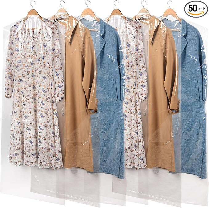 50 Pack 72inch Extra Long Plastic Garment Bag Dust Proof Clear Plastic Clothes Covers for Hanging Clothes Dry Cleaning Bags for Long Dresses, Skirt, Coat(24x72inch)