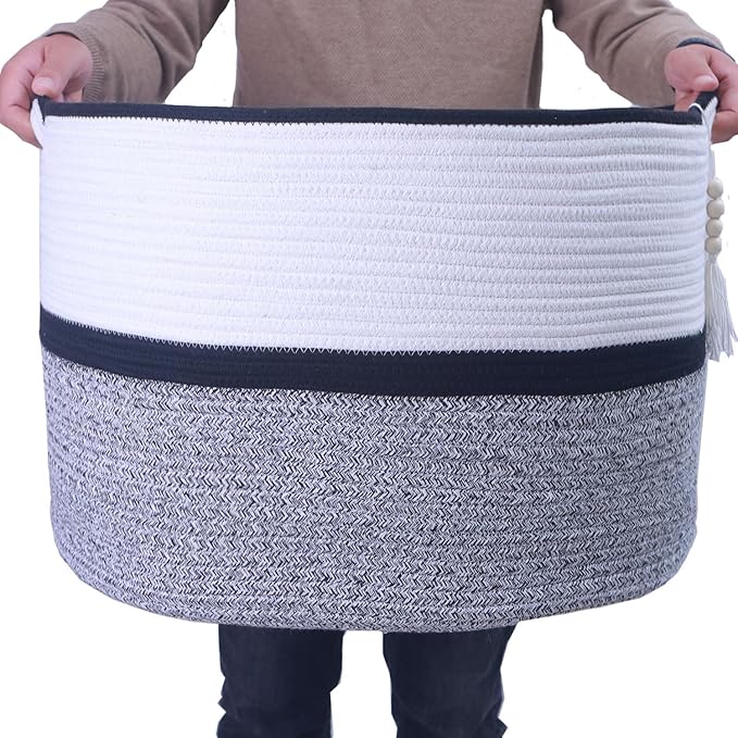 Large Woven Rope Laundry Hamper, Cotton Rope Storage Basket with Handles, Multipurpose Storage Basket for Laundry, Toys, Blankets in Bedroom, Bathroom, Living Room - Stylish & Durable (Black, 100L)