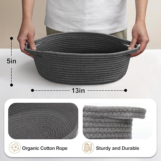 Small Rope Basket, Baskets for Gifts Empty, Cute Woven Basket for Dog Toy, Cat Toy Bin Box, Wicker Organizing Basket for Book, Baby Diaper, Towels, Snack, 13” x 9” x 5”, Dark Gray