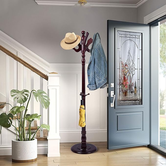 Solid Wood Coat Rack Freestanding with 14 Hooks Bird Shaped,71'' Adjustable Heights Sturdy Coat Racks Tree for Coats Hats Bags,Vintage Wood Coat Tree Hanger Stand for Living Room,Entryway,Office