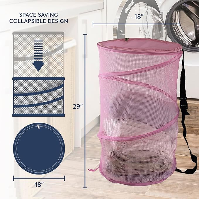 Collapsible Wire Mesh Laundry Hamper, Lightweight, Durable, Portable, Pink