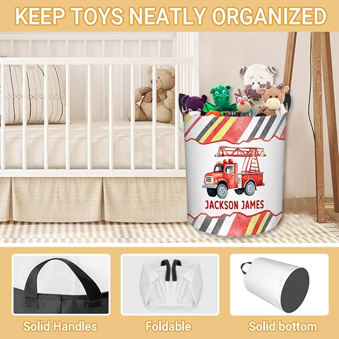 Personalized Fire Trucks Laundry Basket, Custom Laundry Hamper With Name Gifts For Kids Baby Adults, Collapsible Dirty Clothes Storage Organizer With Handles M 19.6 X 15.7in