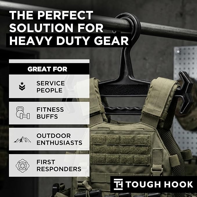 Tough Hook Original ID Heavy Duty Identification Hangers –The Superhero of Hangers USA Made,Anti-Slip Tactical Hanger for Police Gear,Scuba Gear,Wetsuits & Dive BCD, 200-lb Cap with ID Strip,1 Black
