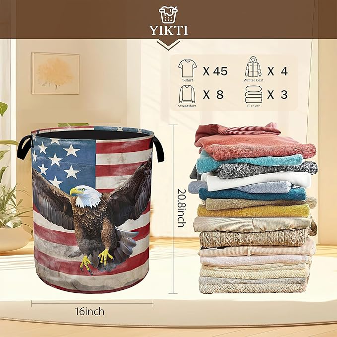 Bald Eagle Laundry Basket,American Flag Clothes Hamper,Oxford Cloth Collapsible Nursery Hamper Storage Organization for Bedroom,Bathroom,Office,College Dorms,16x20 Inch