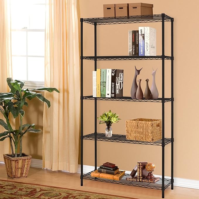 5-Tier Heavy Duty Wire Shelving Unit for Garage & Kitchen Adjustable Metal Shelf, 1250 LBS Wire Rack, Garage Shelving, Pantry Organizer, Storage Shelves, Utility Shelf, Black, 36W x 14D x 72H