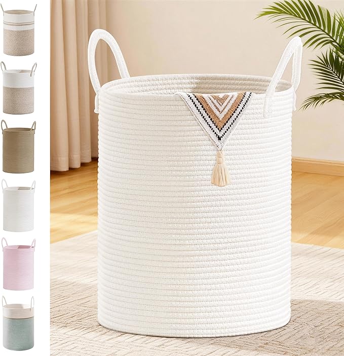 Tall Laundry Basket with Handles, 88L Portable Dirty Clothes Hamper, Boho Cotton Rope Storage Bin for Blankets Kids Toys Gifts, Large Organizer for Baby Nursery Bedroom Bathroom, White