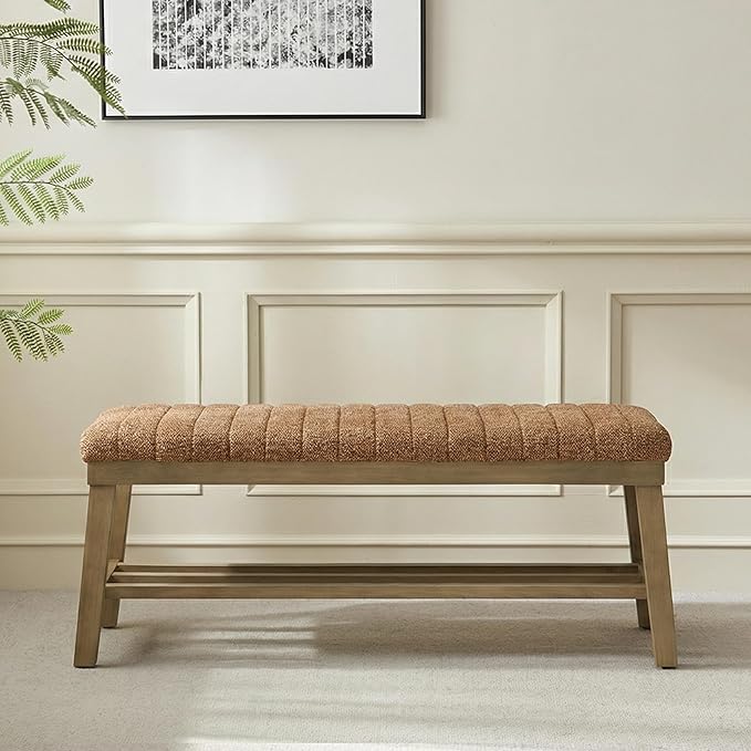 VKNOW Entryway Bench, 44.4" Upholstered Storage Shoe Bench for Entryway Bedroom, Shoe Rack Bench with Rubberwood Legs, Modern End of Bed Bench for Living Room and Hallway, Orange