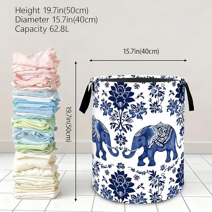 Vintage Elephant Floral Laundry Basket,Dirty Clothes Hamper,Retro Animal Flower Storage Bin Gifts,Foldable Waterproof Oxford Cloth Baskets for Bathroom,Bedroom,Home Decoration(19.7" x 15.8")